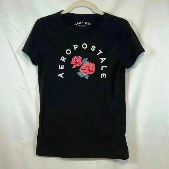 AEROPOSTALE BLACK EMROIDERED WOMENS TOP SHORT SLEEVE CLASSIC CREW TSHIRT SIZE L - Picture 1 of 7